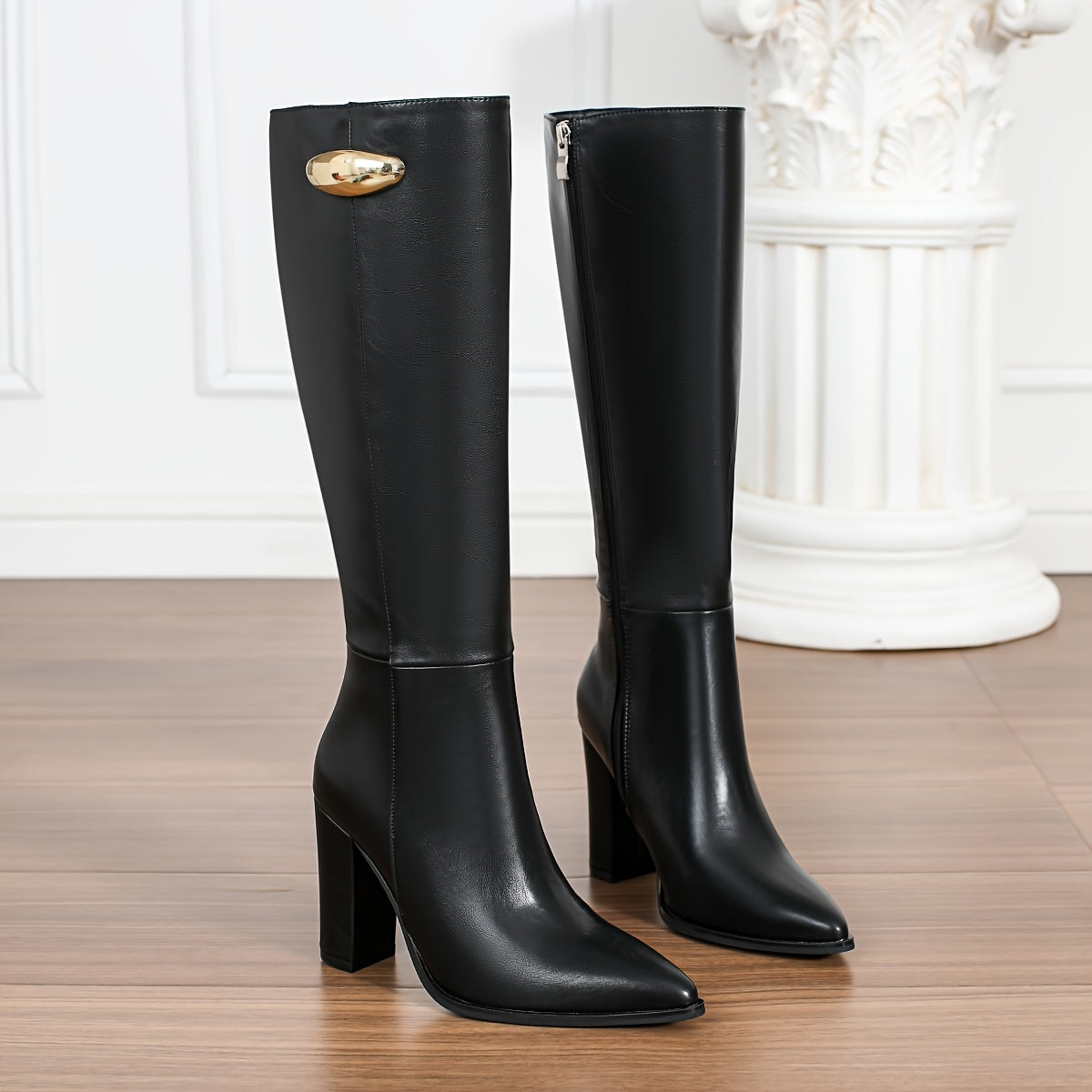 Women's Faux Leather Knee-High Boots With Block Heel and Zipper