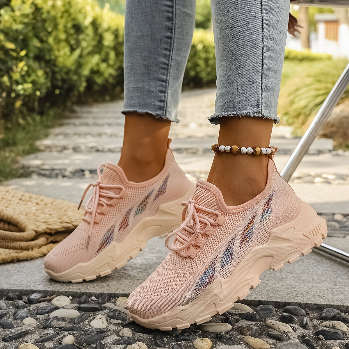 Women’s Breathable Knit Sneaker Casual Low-Top Walking Shoe with Round Toe