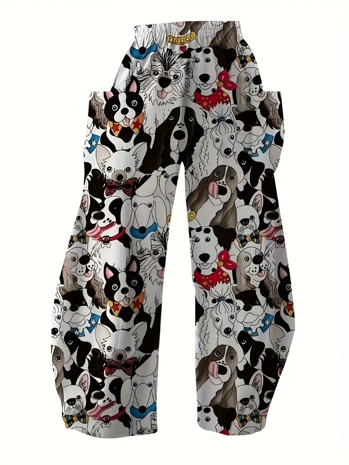 Pantalones anchos de mujer de talla grande con estampado de perros, pantalones casuales de poliéster con cintura elástica
