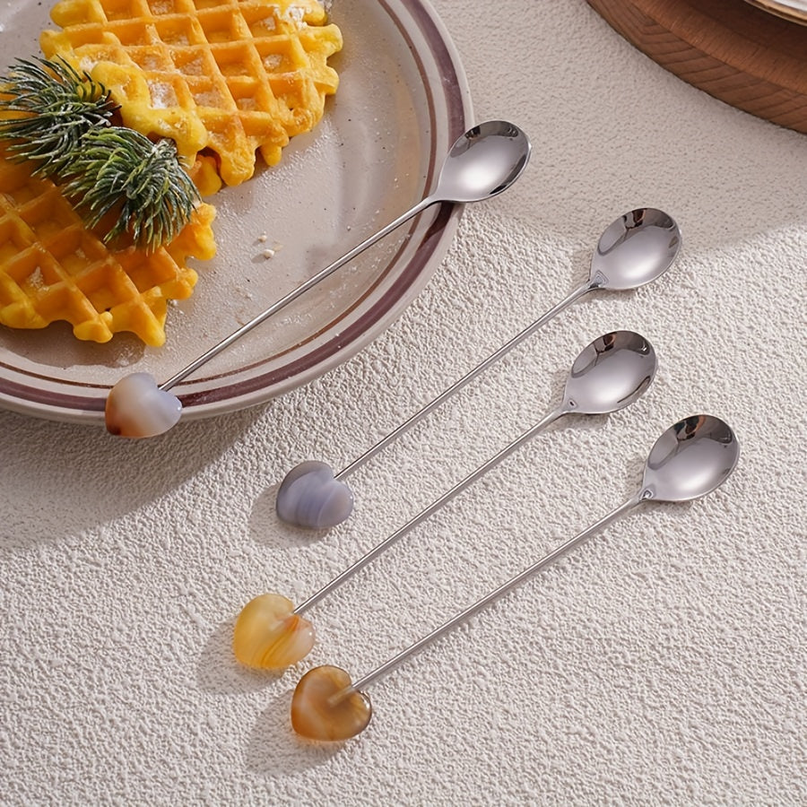 Stainless Steel Spoons with Heart-Shaped Gemstones for Coffee Tea Desserts
