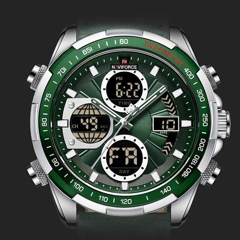 Men's Sports Quartz Watch Waterproof Leather Dual Display Chronograph Tachymeter Green Accents