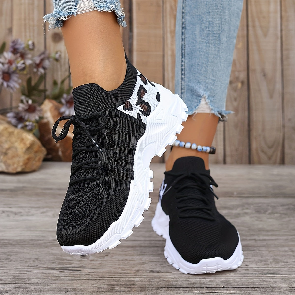Zapatillas atléticas transpirables con estampado de leopardo para mujer, ideales para correr y hacer ejercicio