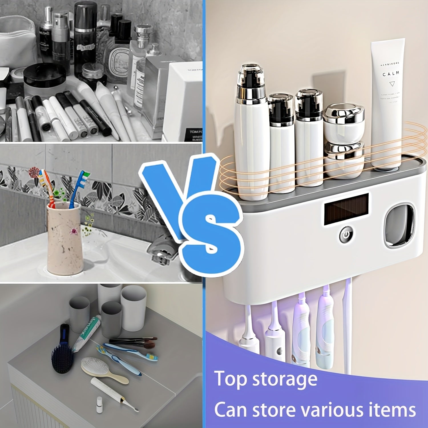 Electric Toothbrush Sanitizer and Dispenser Wall Mount with Storage