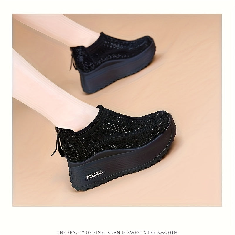 Women's Breathable Cut-Out Platform Shoes with Rhinestones Beige Summer Footwear