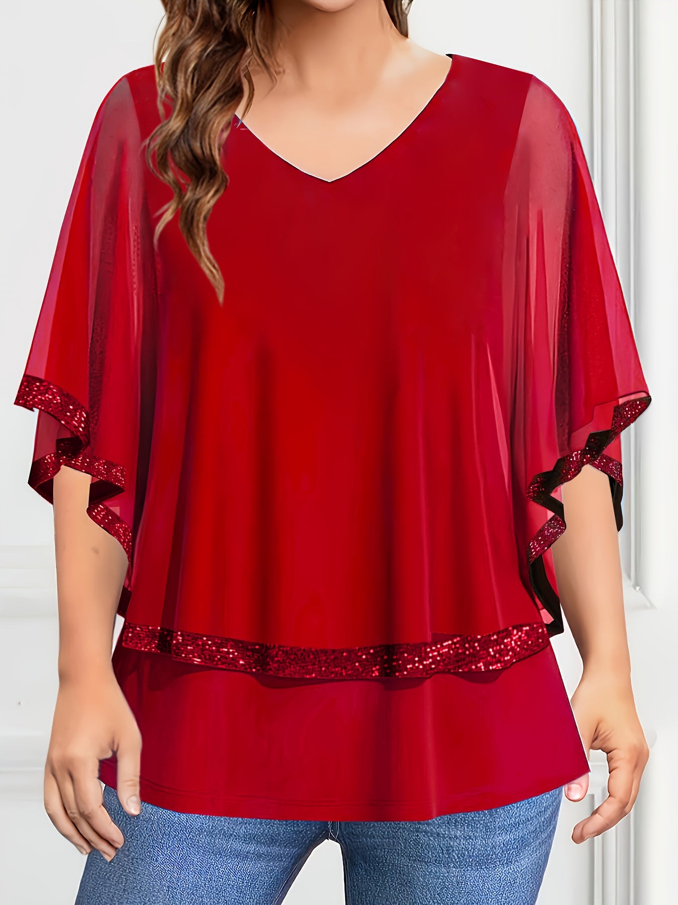 Women Plus Size Chiffon V-Neck Top Sequin Accents Light Blue