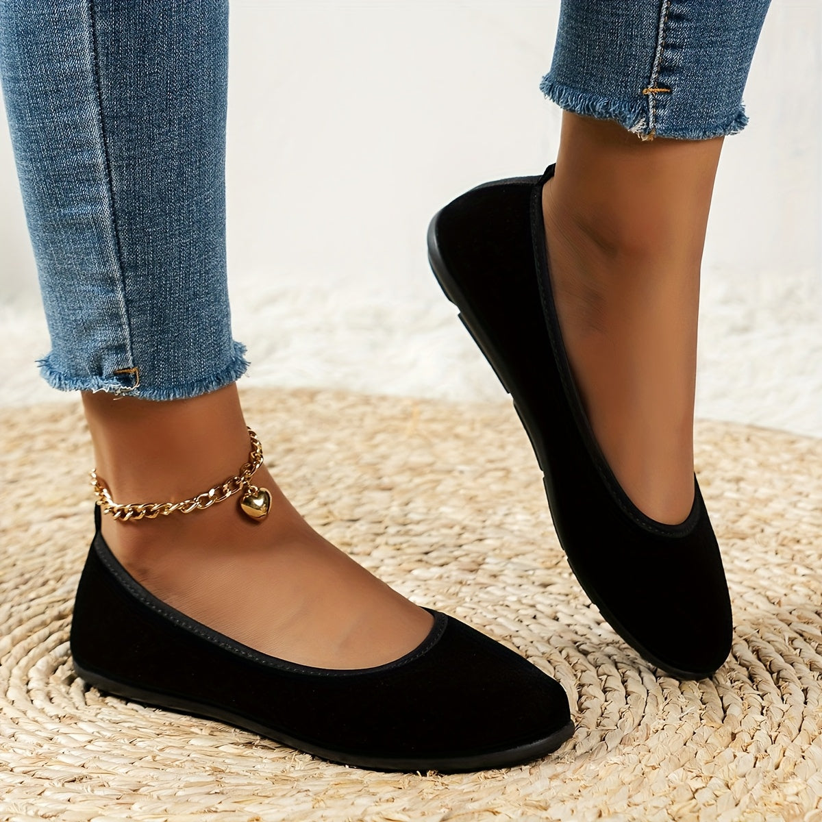 Women's Black Slip-On Ballet Flats with Adjustable Ankle Strap