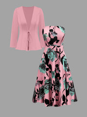 Women's Elegant 2-Piece Set Lace-Up Cardigan and Rose Flower Dress Polyester Floral All-Season