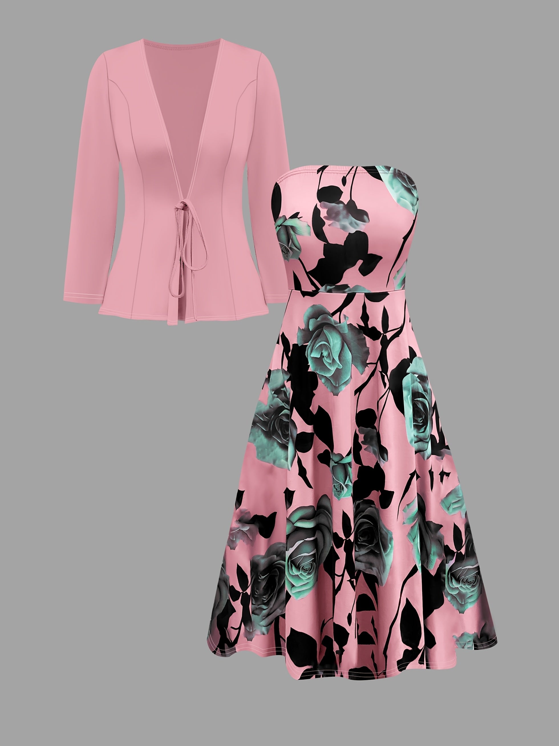 Conjunto elegante de 2 piezas para mujer, cárdigan con cordón y vestido con flores de rosa, poliéster, floral, para todas las estaciones