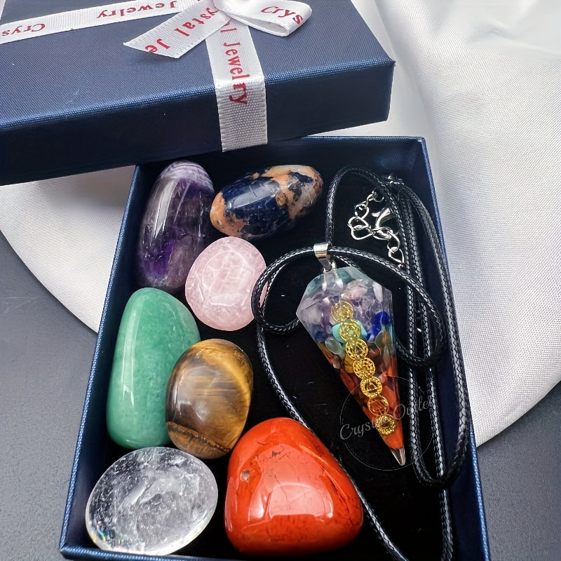 Set of 8 Natural Stone Pendants with Necklace Gift Box for Men and Women