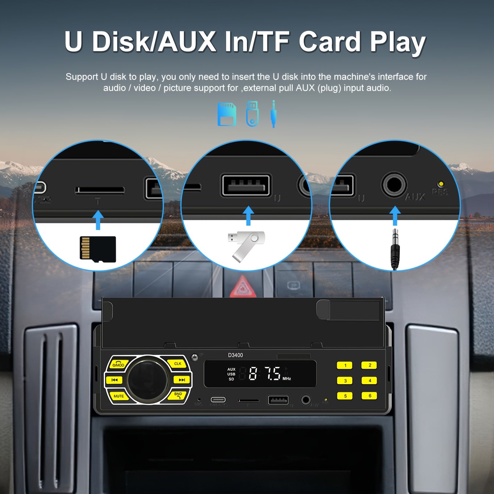 12V Avtomobil stereo sistemi FM USB SD AUX MP3 WMA CD Pleer Uzoqdan boshqarish Qora