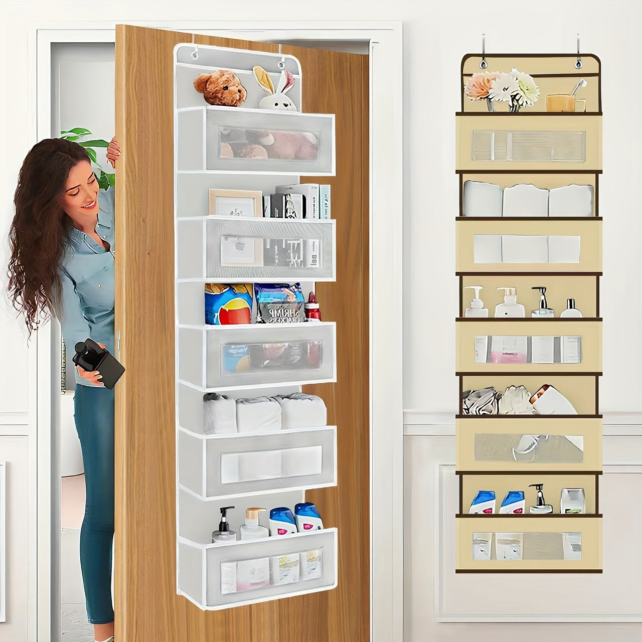 Organizador colgante de malla grande con bolsillos transparentes para cosméticos, juguetes y almacenamiento