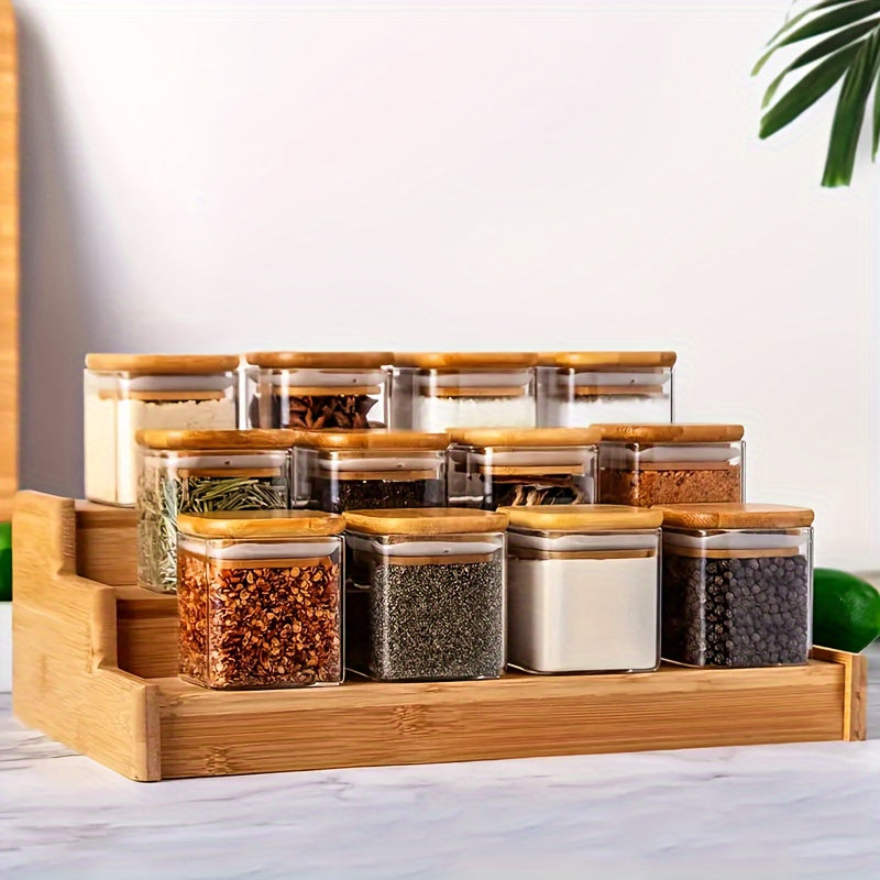 12 Glass Spice Jars Set with Bamboo Lids and Labels, Square Containers for Seasonings