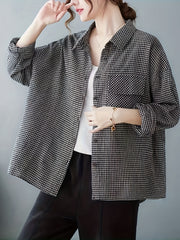 Plus Size Plaid Shirt for Women with Pockets and Collared Design in Polyester