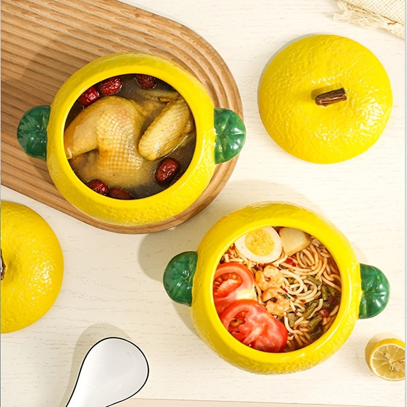 Large Ceramic Lemon-Shaped Pot with Lid for Baking Serving and Storage