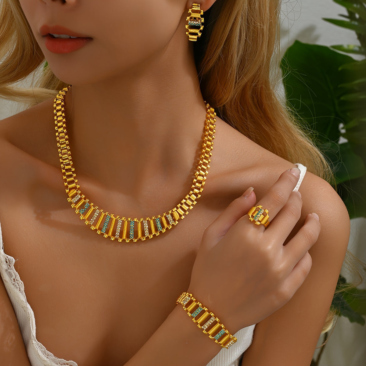 Women’s Jewelry Set 5 Pieces Minimalist Vintage Style Necklace Earrings Ring Bracelet in Various Colors