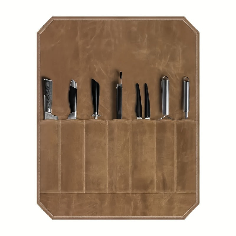 Durable PU Leather Chef Knife Roll Bag with 6 Slots for Kitchen Utensils
