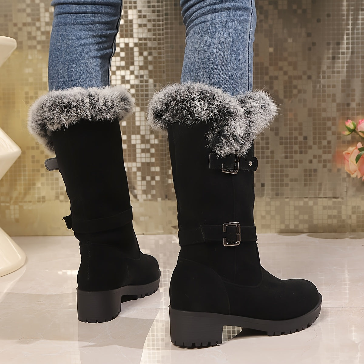 Women's Winter Snow Boots Mid-Calf Faux Fur Black Non-Slip Warm