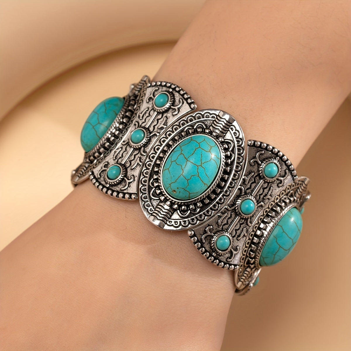 Turquoise Elastic Bracelet with Ethnic Design for Women and Men