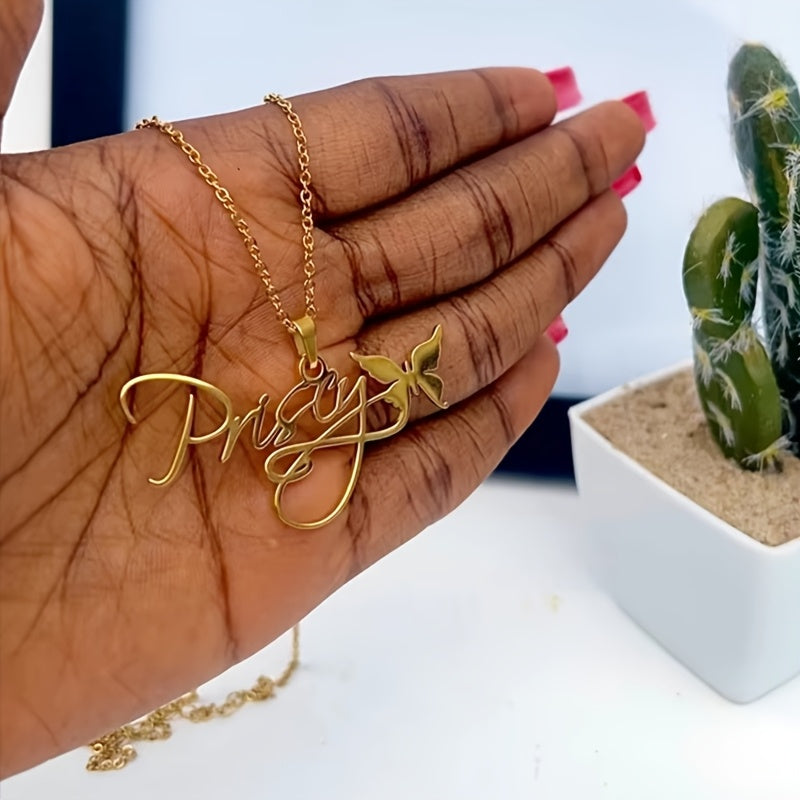 Gold Plated Butterfly Name Necklace for Women Stainless Steel Removable Heart Pendant Jewelry