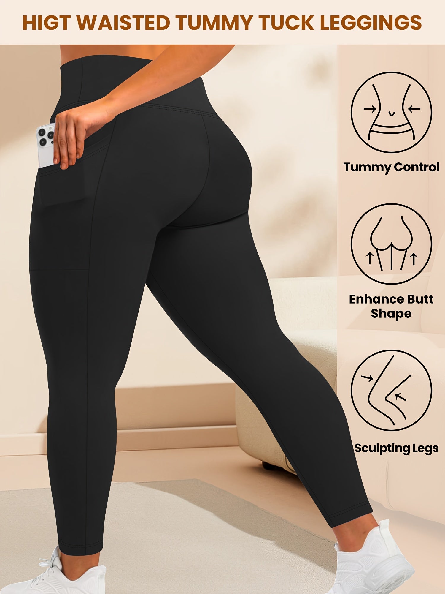Plus Size High Waist Leggings with Pockets Solid Color Knit Fabric