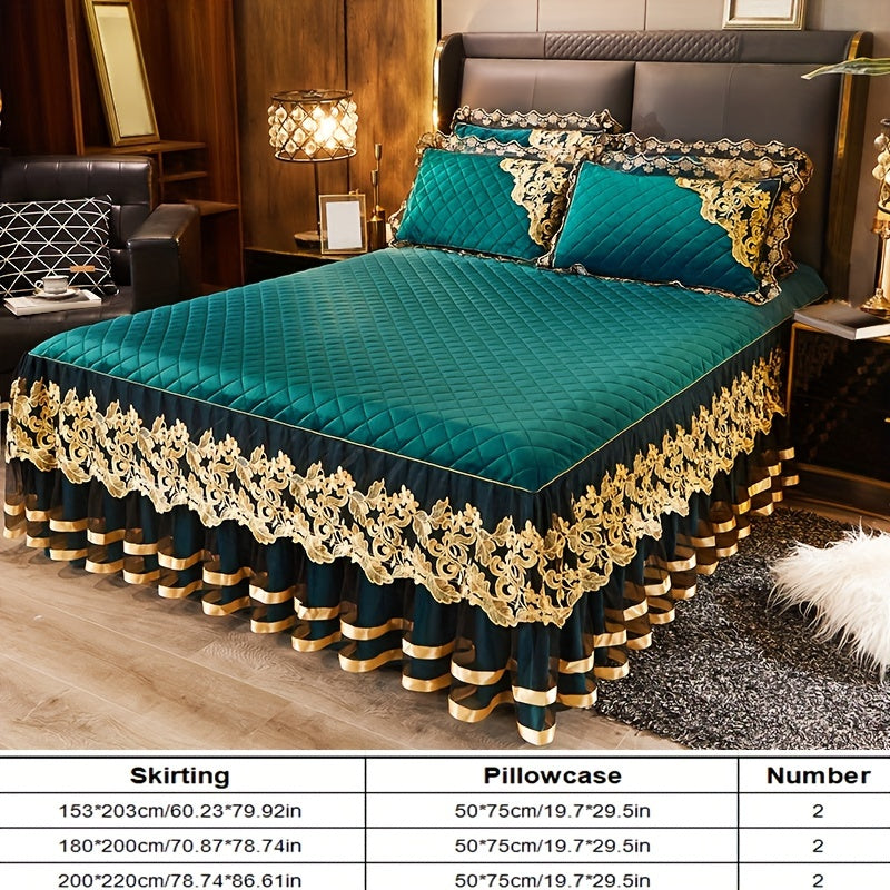 Solid Color Bed Skirt and Pillowcase Set with Lace Detail Quilted Ruffled Design