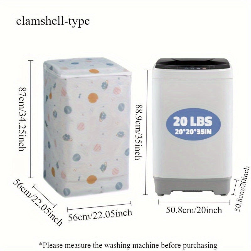 Oq rangli naqshli, oldindan yuklash va g'ildirakli modellarga mos keladigan, changdan himoya qilish uchun yaratilgan, shaffof PEVA kir yuvish mashinasi qopqog'i.