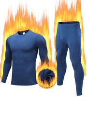 Conjunto de forro polar térmico azul para hombres para actividades al aire libre en invierno, tela elástica y cálida
