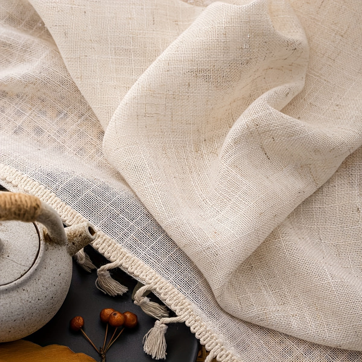 Linen Bohemian Lace Curtain with Rod Design Natural Wood Color Single