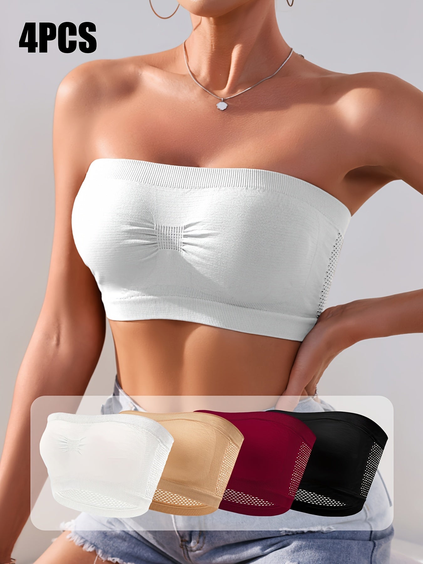 Women's Plus Size Non-Slip Seamless Mesh Bandeau Bra White Beige Burgundy Black