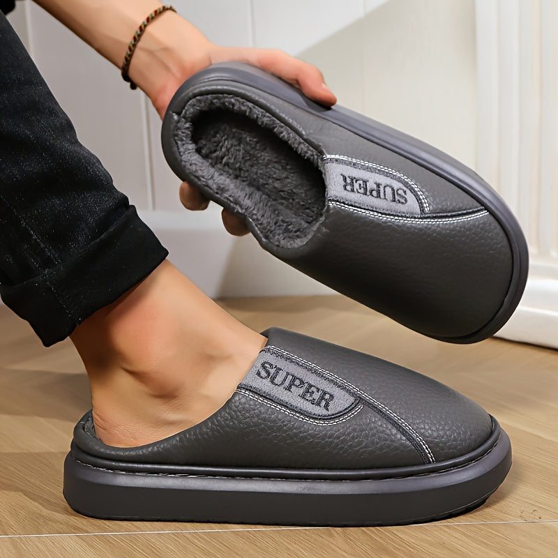Men's Extra Large Winter Indoor Slippers with Fleece Lining Non-Slip TPR Sole Striped Pattern