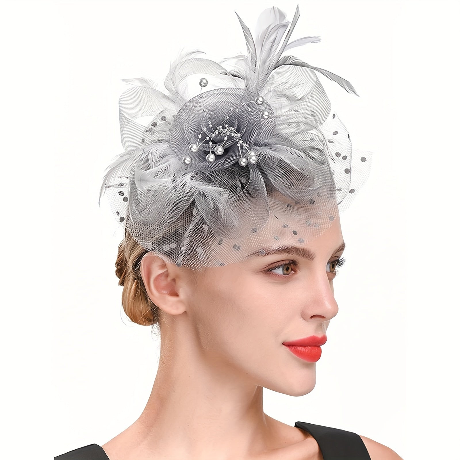 Flower-Decorated Headband with Feathers and Mesh for Weddings and Celebrations