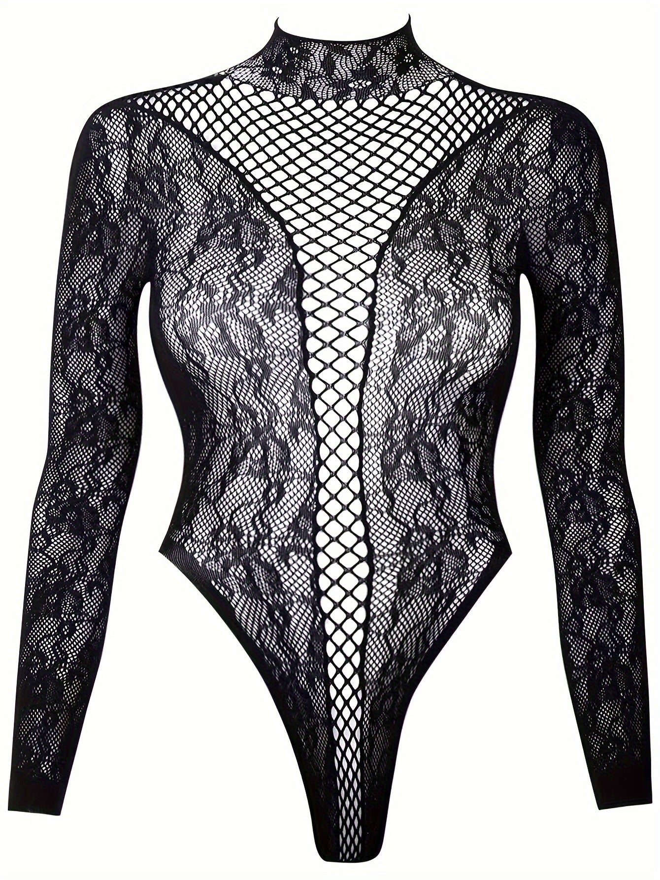 Black Lace Bodysuit for Women with Fishnet Details and High Neck