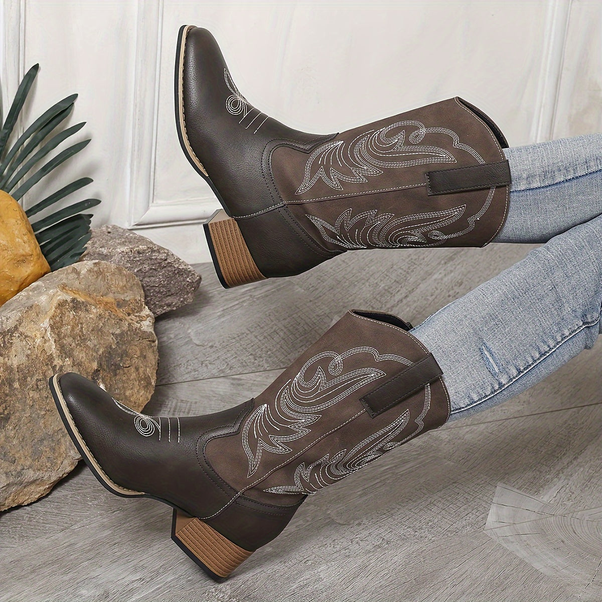 Women's Faux Leather Embroidered Chunky Heel Cowboy Boots with Square Toe