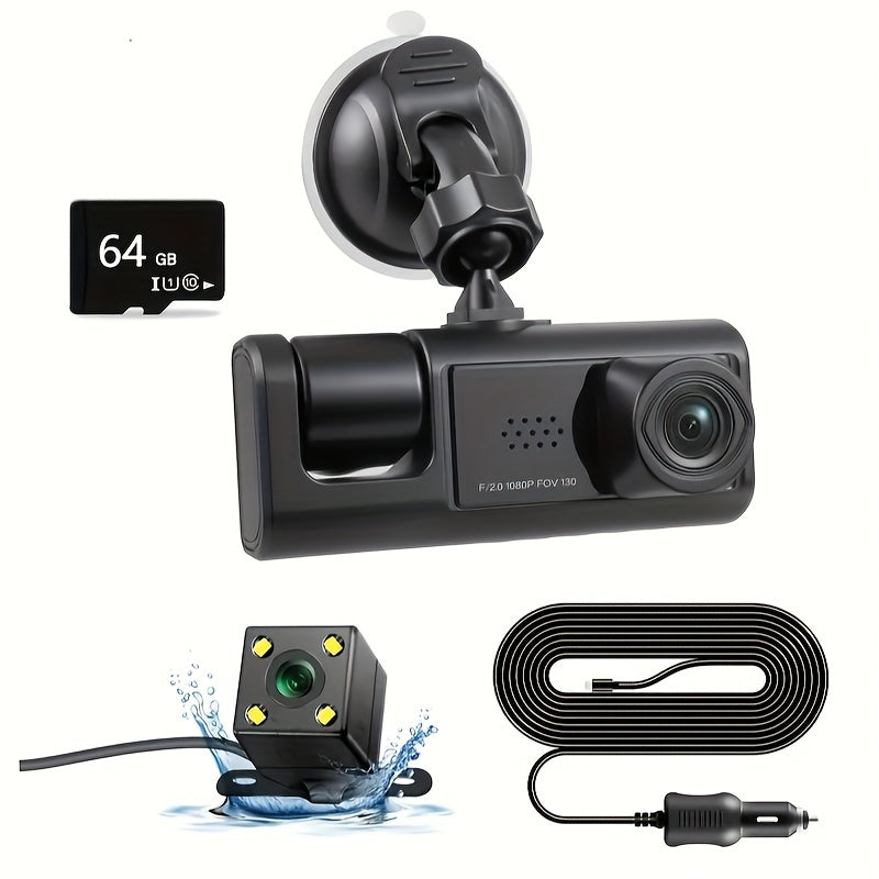 Cámara de tablero para coche de 3 canales con visión nocturna infrarroja, cámaras frontal y trasera 1080P