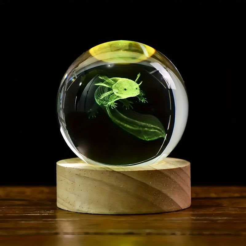 3D Axolotl Crystal Ball with Wooden Light Base Decorative Gift for Home or Birthday