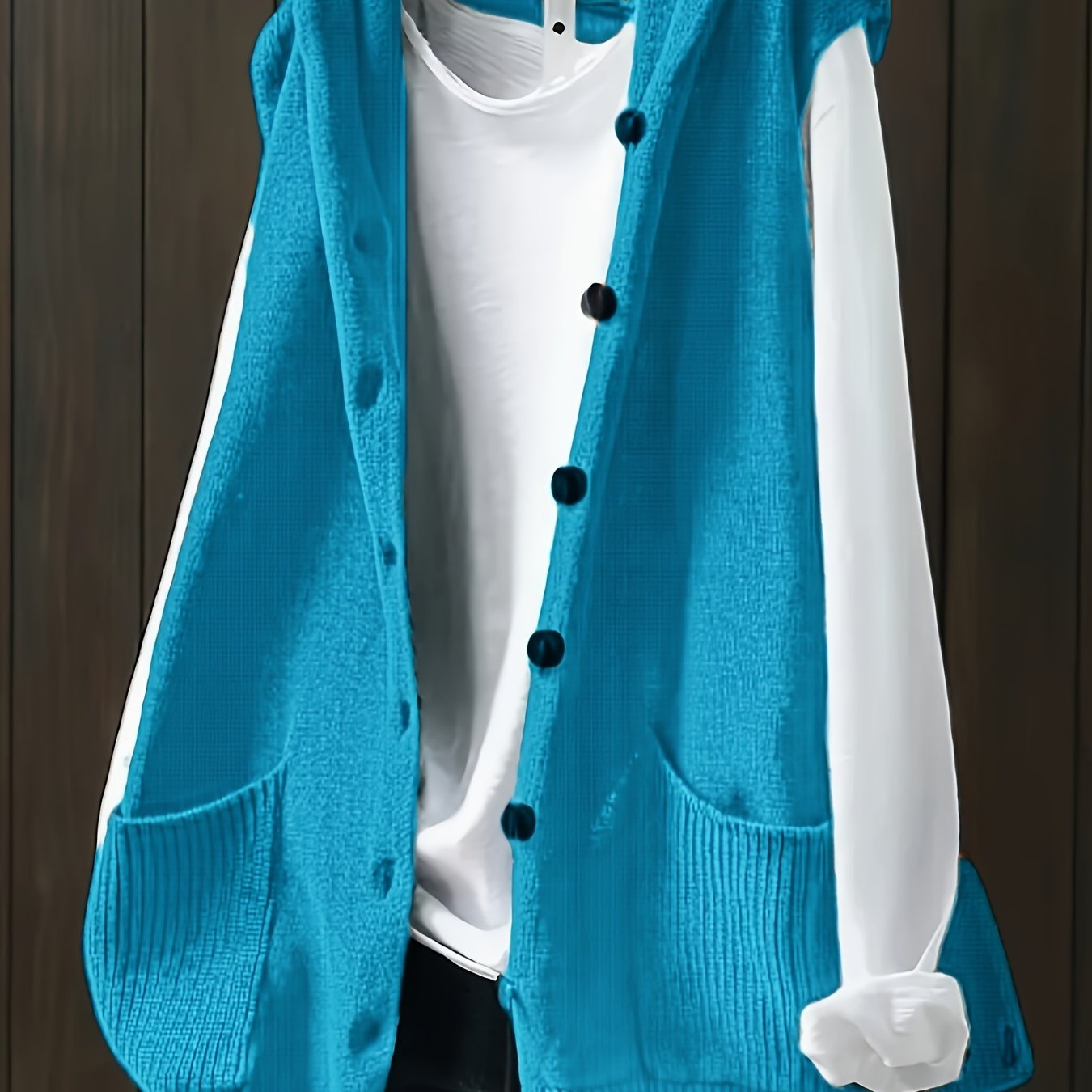 Women Knitted Sleeveless Vest with Double Pockets and Button Closure