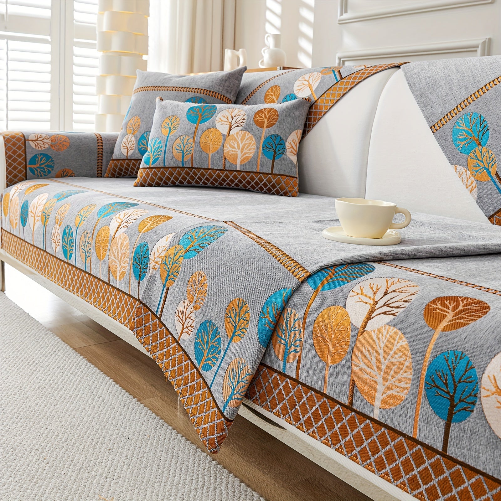 Boho Chic Jacquard Chenille Sofasi Qoplamasi Oygʻon Daraxt Mavzusi Boshqalar uchun Yoqimli Qattiq Yuvilishi Oʻz-oʻzidan yopishmaydigan Bardoshli Qalinlashtirilgan 4 oʻrindiqli kresloni mos keladi