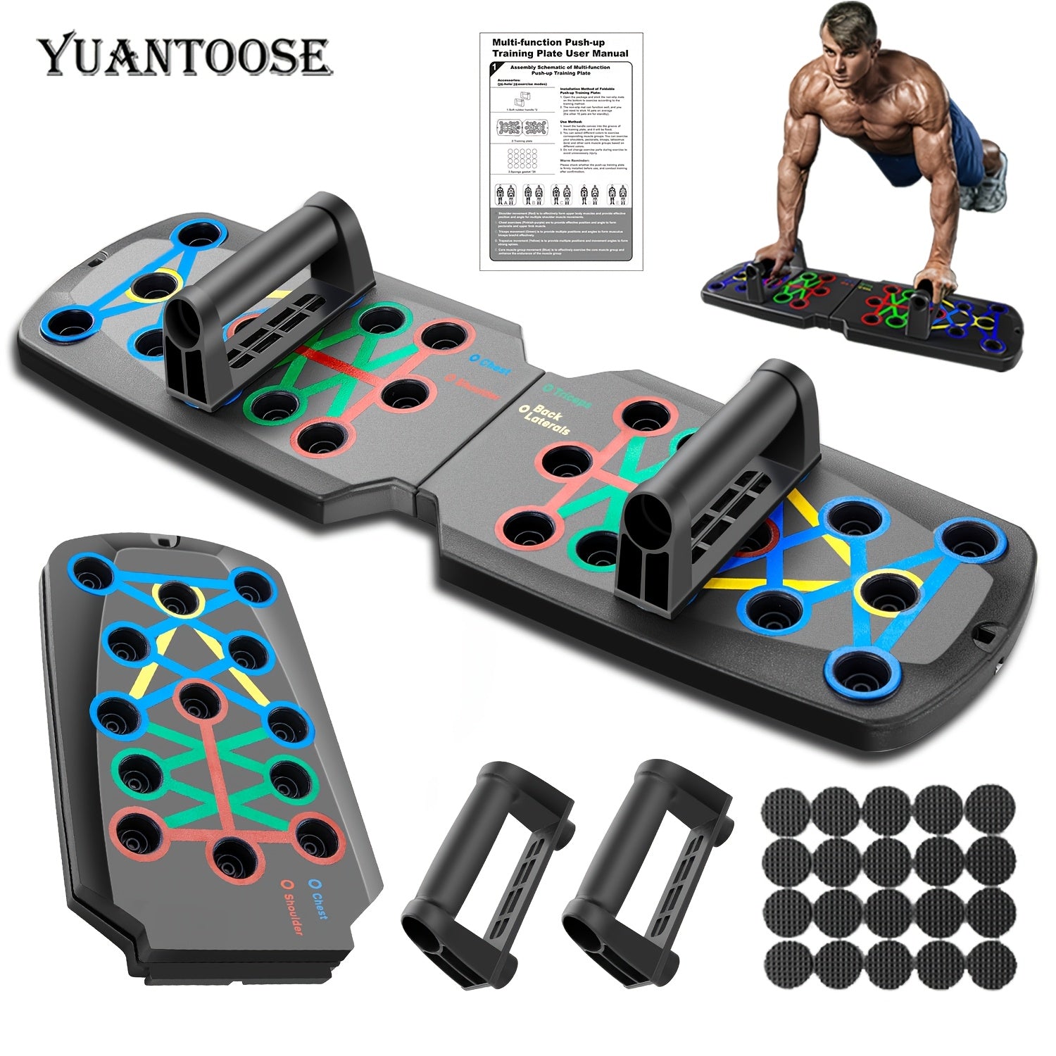 Folding Push-Up Board with Resistance Bands for Chest Muscle Strength Black