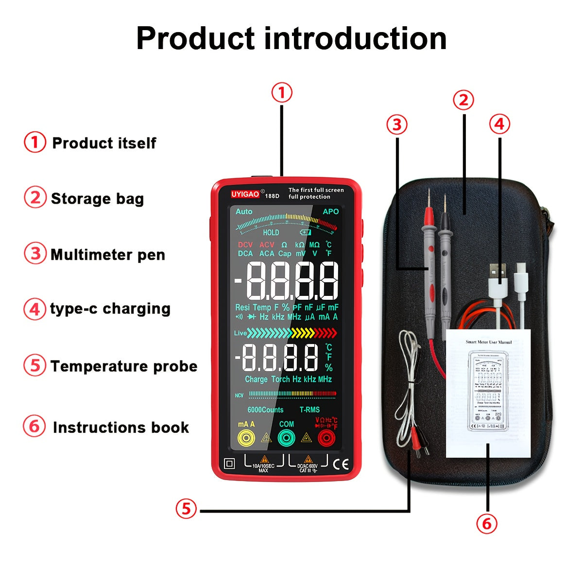 Digital Multimeter TRMS 6000 Counts Auto-Ranging AC/DC Voltage Current Resistance