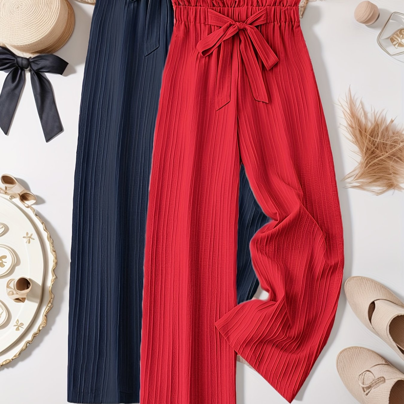 Women's Plus Size Striped Pleated Textured Long Pants Two Pack