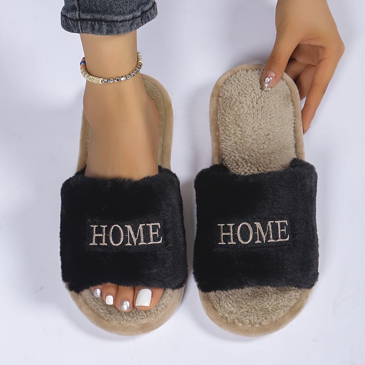 White Women's Plush Slippers with "HOME" Embroidery Indoor Cozy Furry Slip-Ons