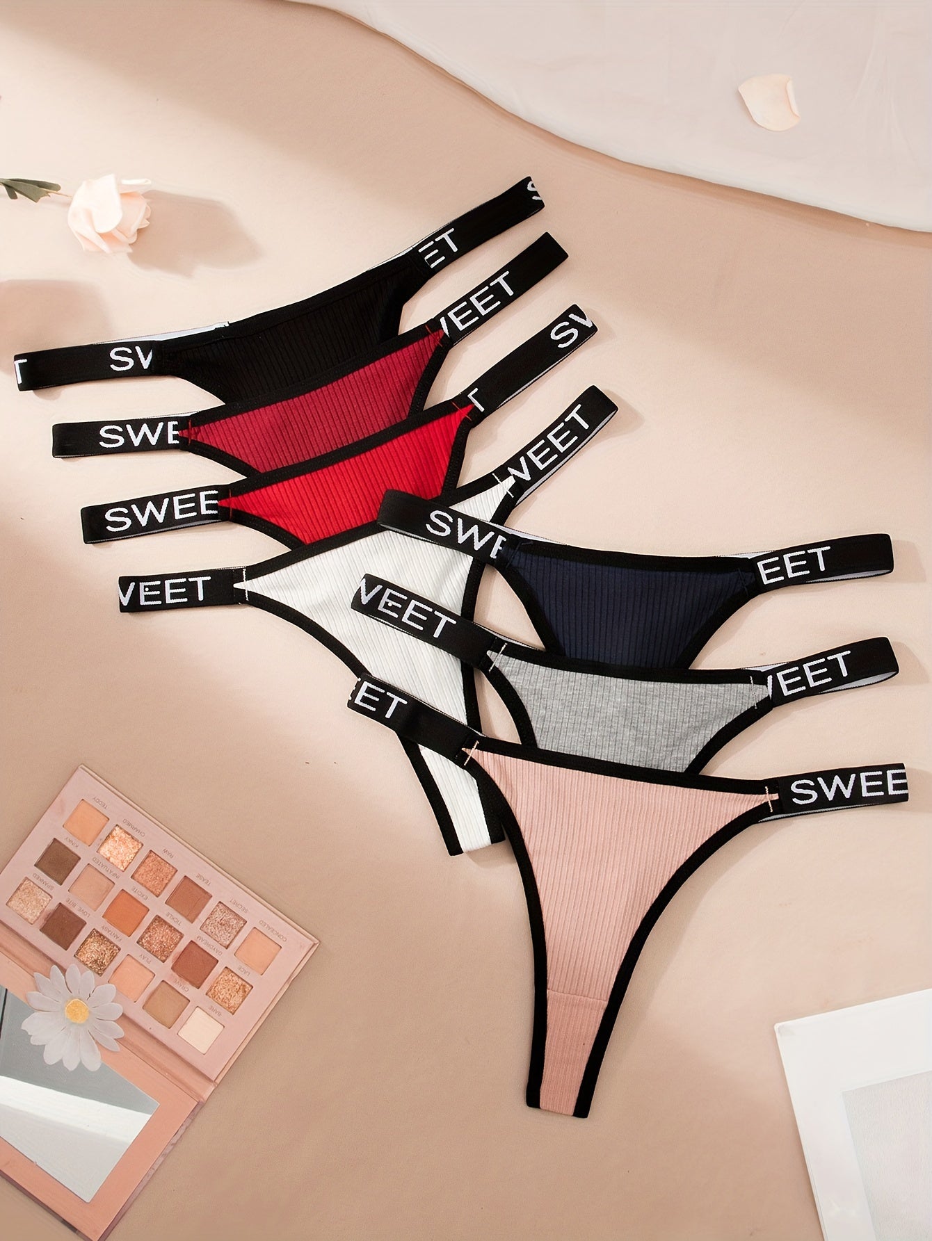 7pcs Women's Letter Tape Contrast Binding Thongs Comfortable Stretch Lingerie