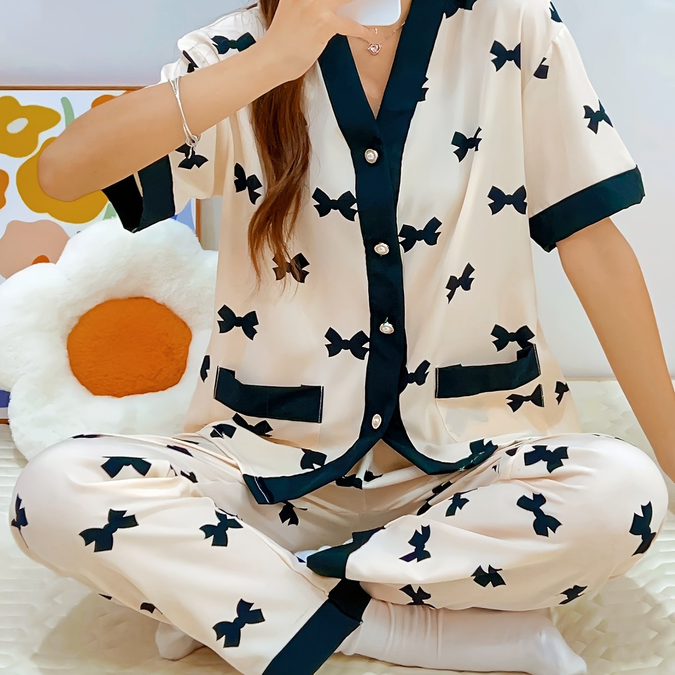 Women's Summer Pajama Set with Heart Pattern Short Sleeve V-Neck Cardigan and Long Pants