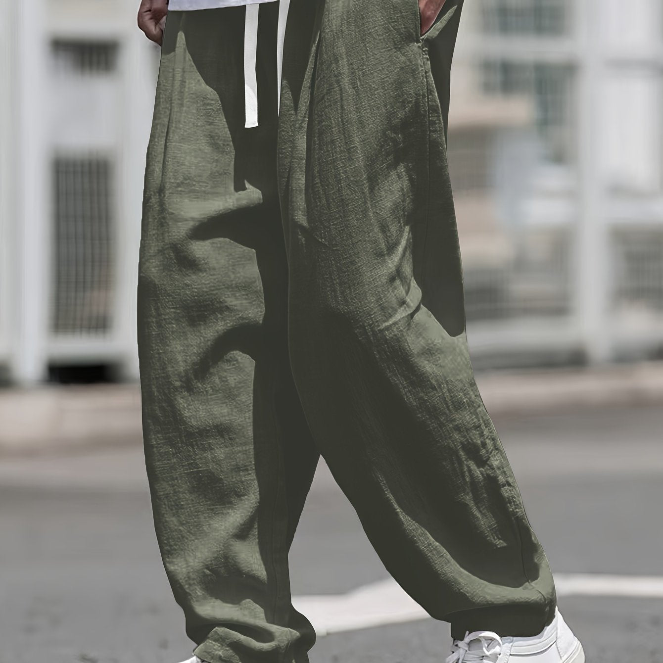 Men's Linen Drawstring Trousers Casual Loose Fit Solid Color All-Season