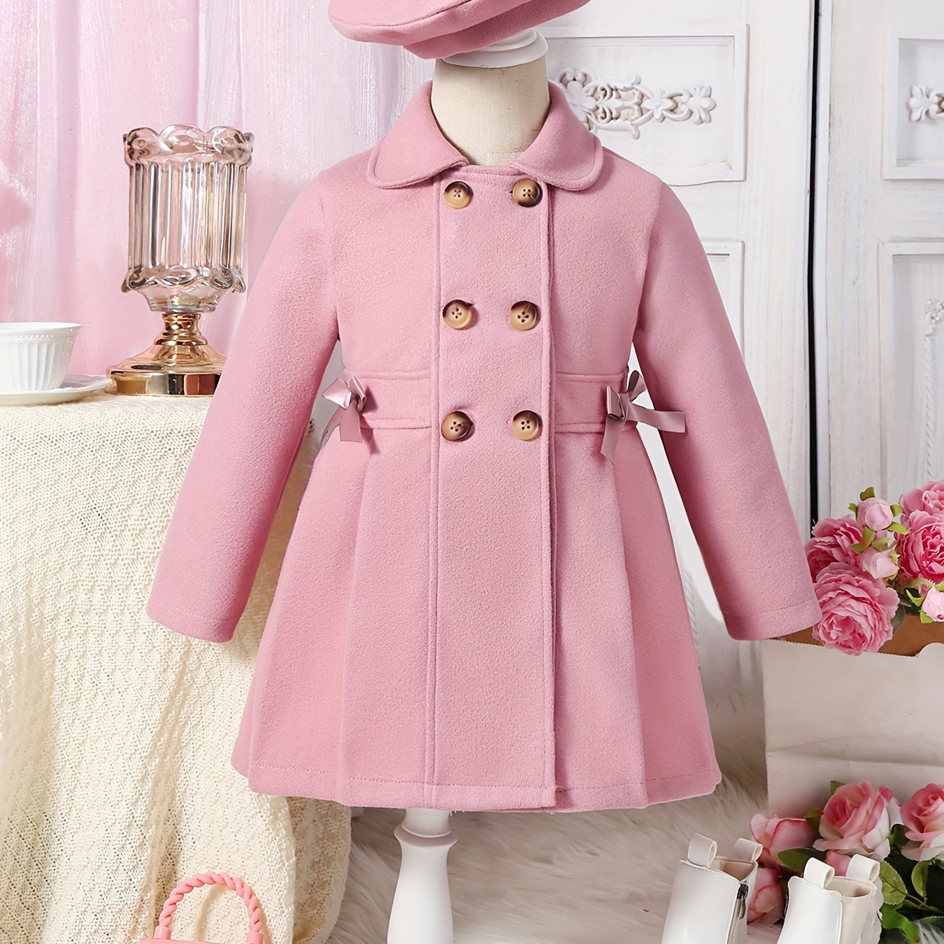 Girls Casual Polyester Trench Coat with Lapel Collar Double-Breasted Bow and Hat