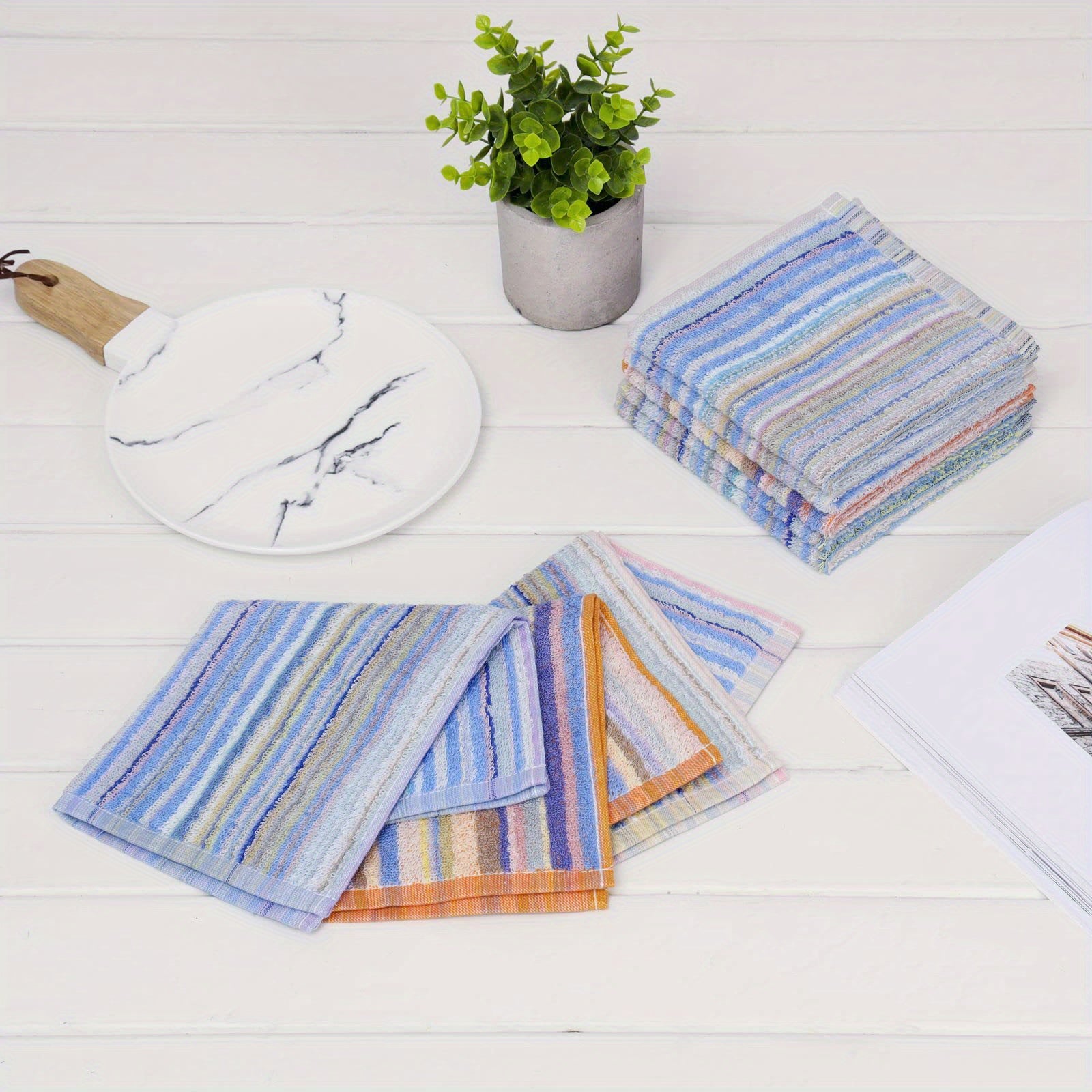 Set of 6 Cotton Washcloths with Hanging Loop, Striped Knit Fabric, Soft Absorbent, 500 GSM