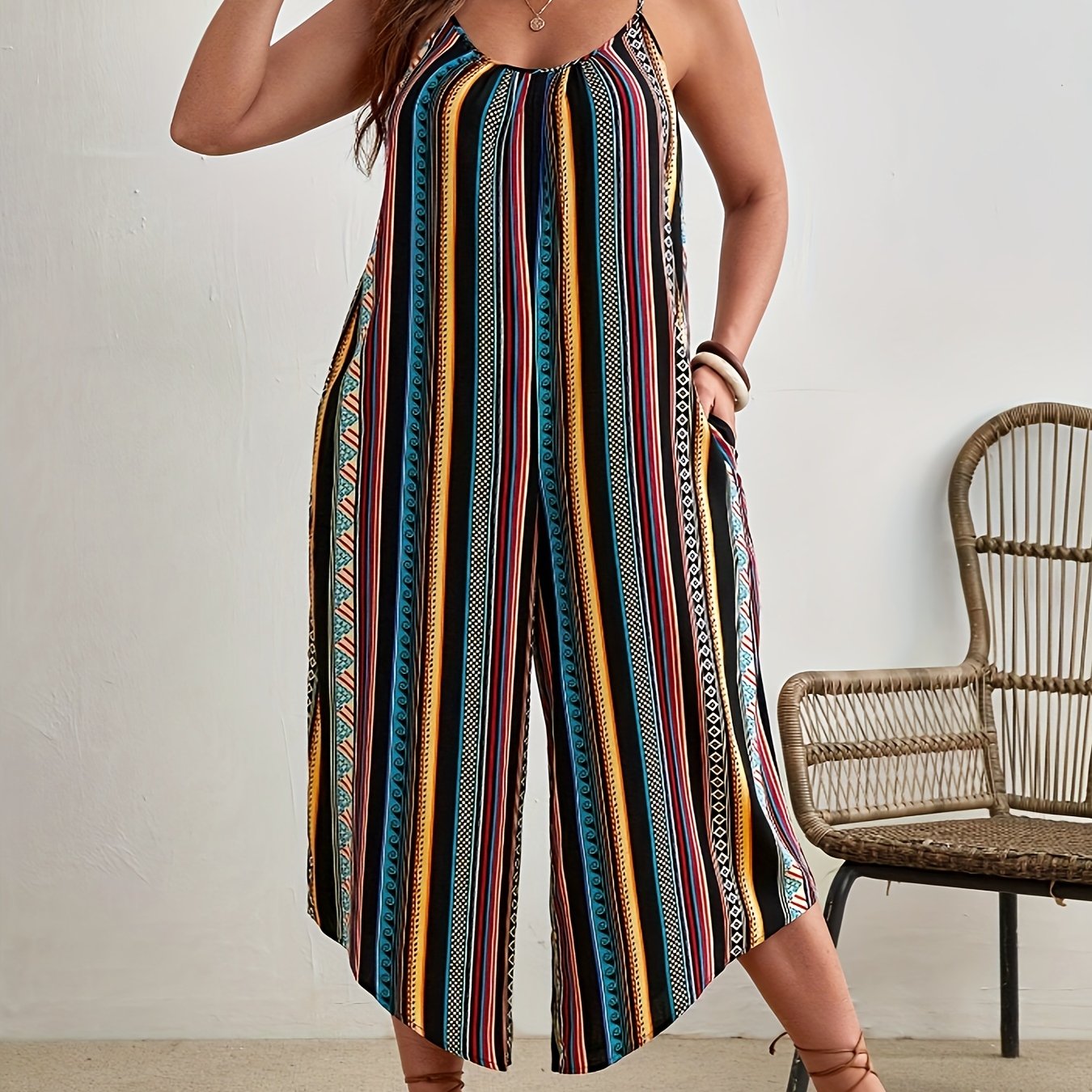 Women's Plus Size Vacation Jumpsuit Lightweight Vivid Print Sleeveless Summer