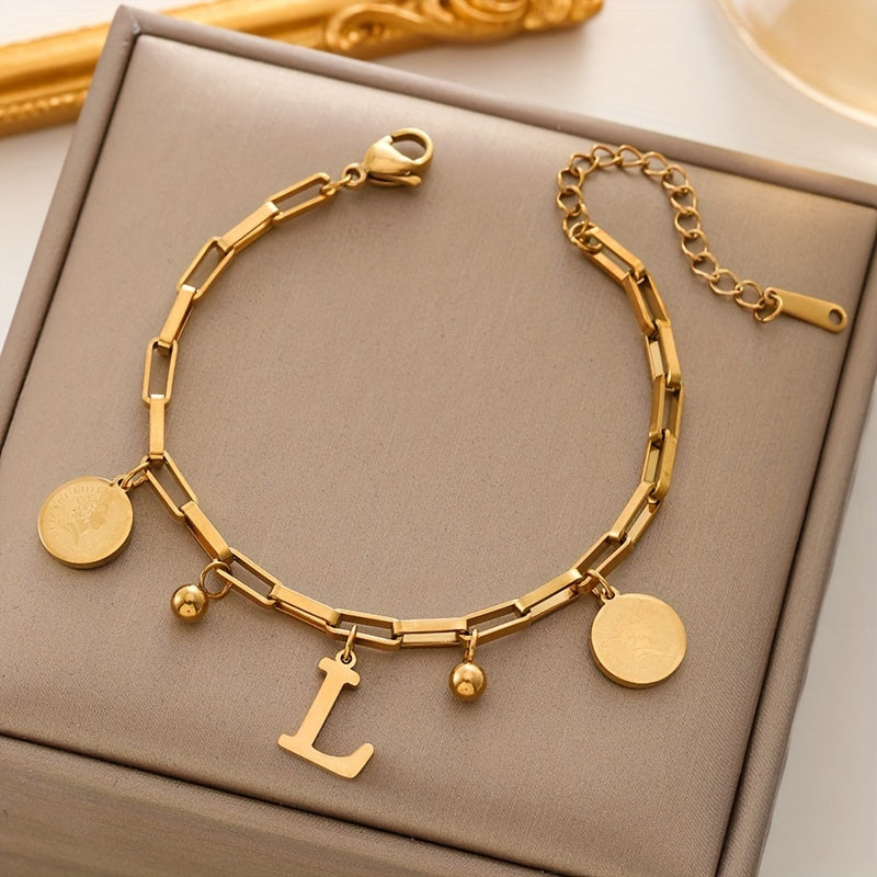 Women’s Golden Stainless Steel Hip-Hop Style Bracelet with "S" Letter and Round Charms