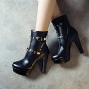 Women's Black Faux Cover Ankle Boots with Rhinestones and Buckles