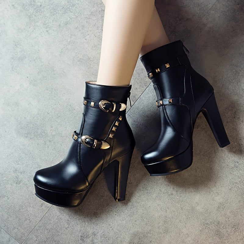 Women's Black Faux Cover Ankle Boots with Rhinestones and Buckles